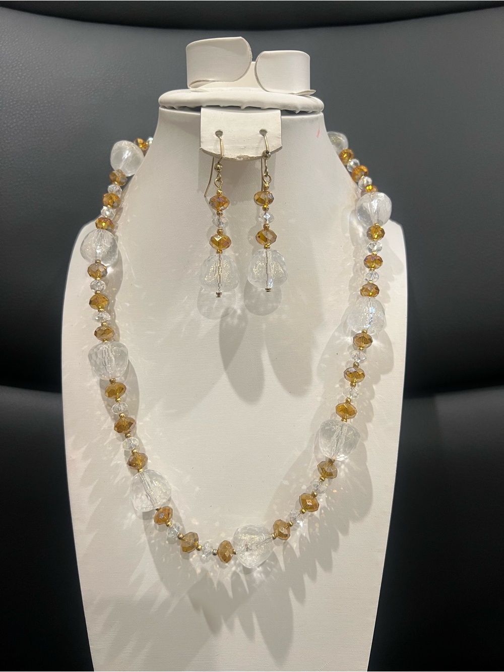 Clear and Amber Crystal Bead Necklace with Matching Earrings & Big Acrylic Bead